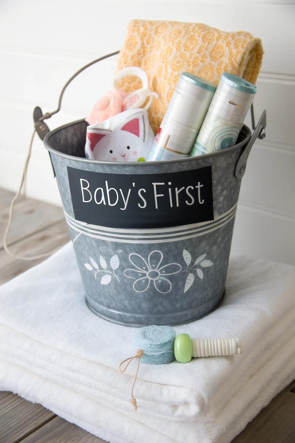 A personalized tin bucket for a memorable and versatile baby shower gift.