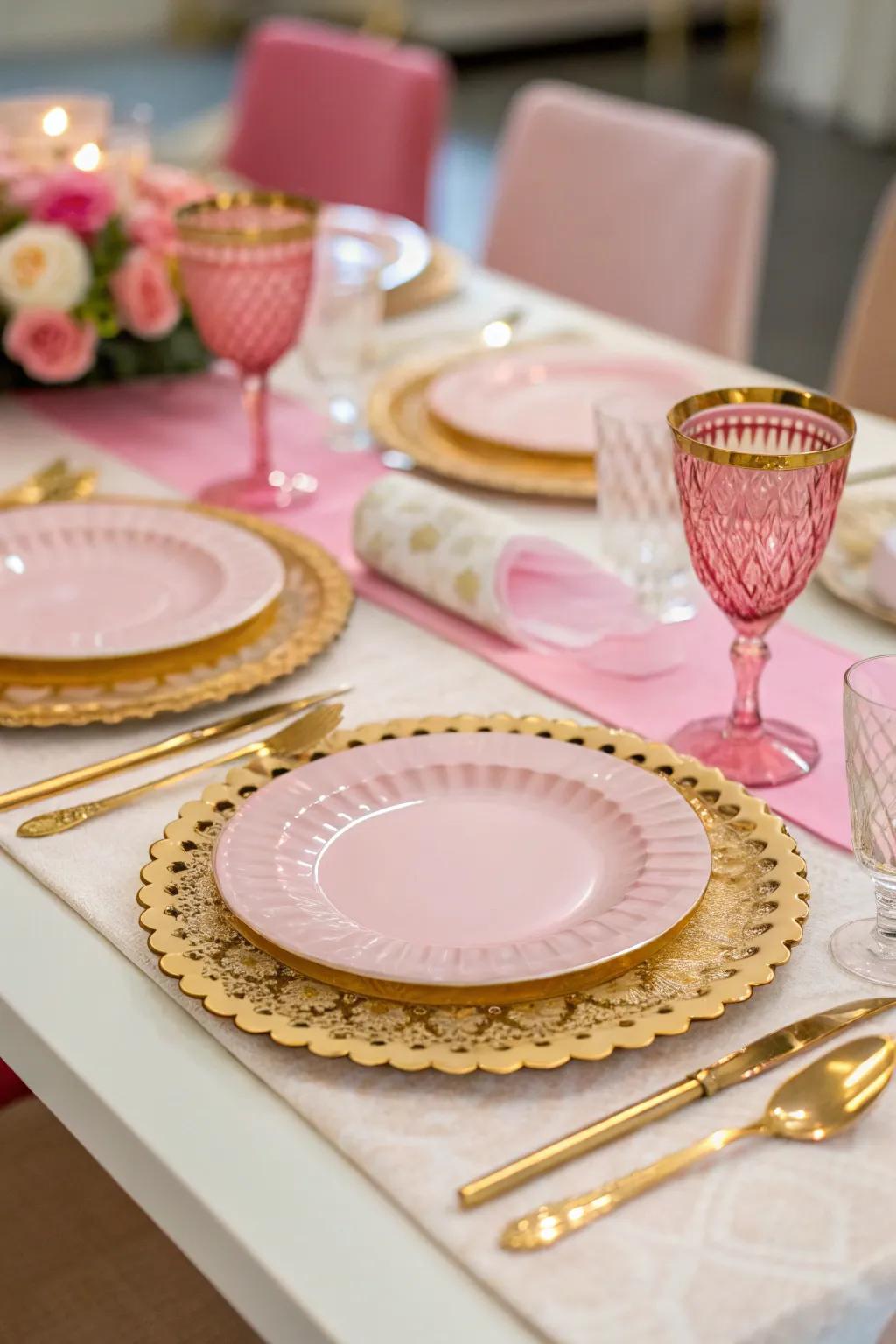 An elegant table setting with matching pink and gold tableware.