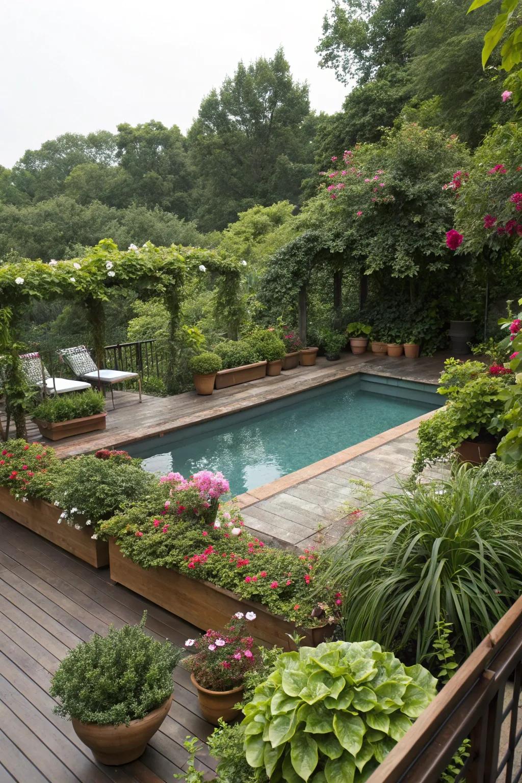 Your pool area is transformed into a tropical haven by greenery.