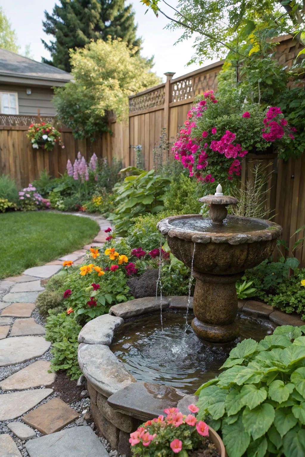 A peaceful DIY water feature introduces soothing sounds to your garden space.