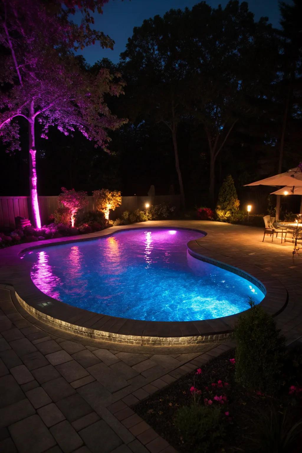 Mood lighting creates a magical nighttime vibe around the pool.