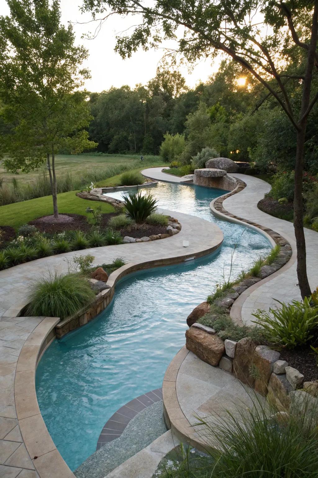 A uniquely shaped meandering pool that mirrors nature's bends.
