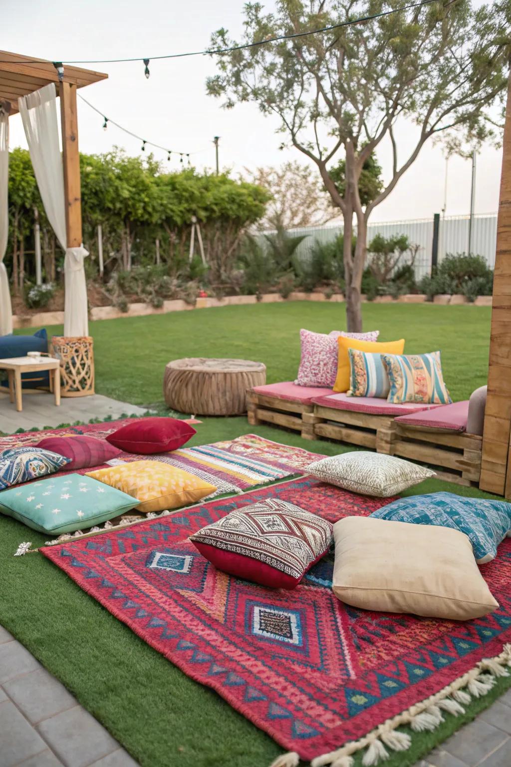 Vibrant rugs and pillows add warmth and style.