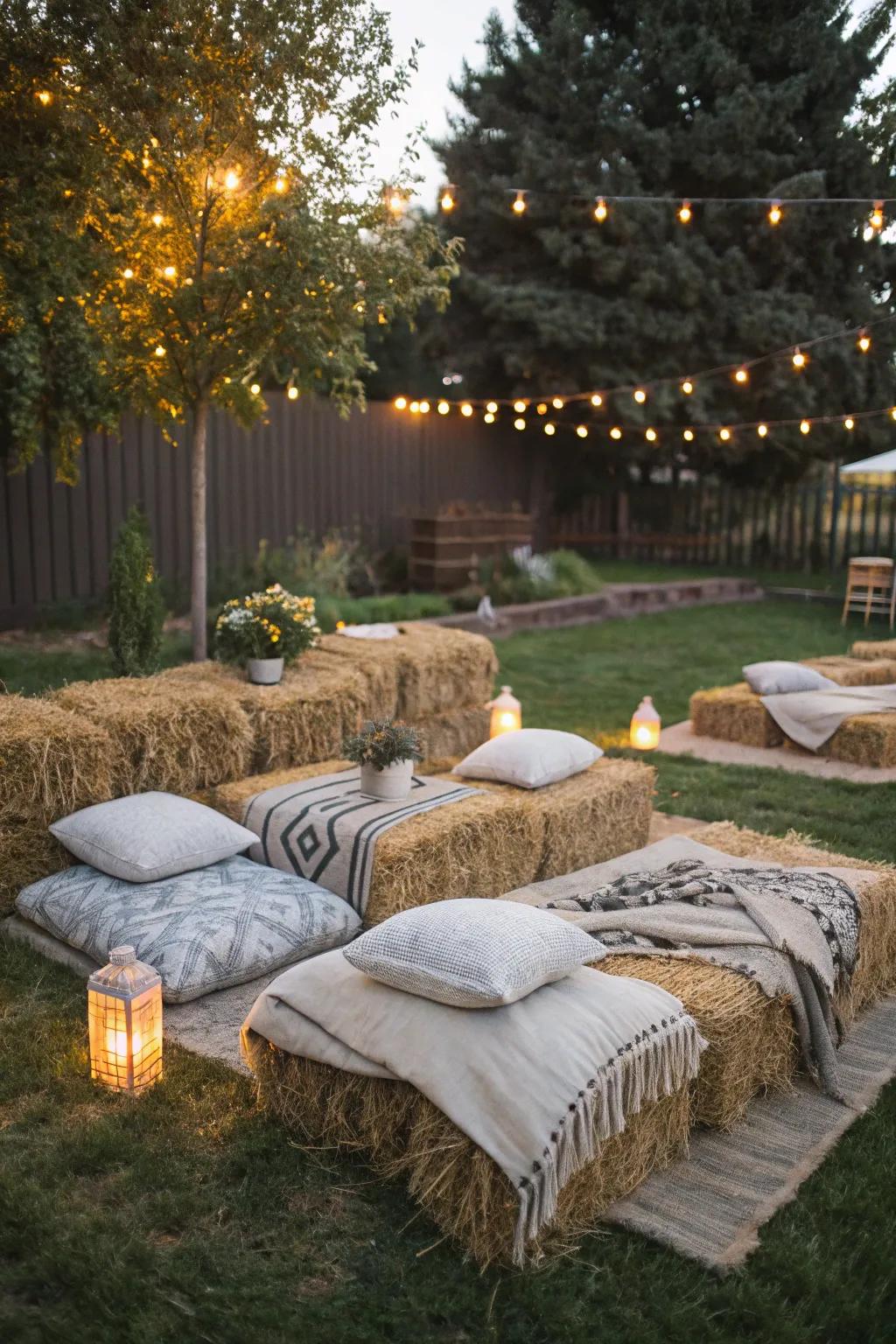 Hay bales contribute an earthy appeal to your yard movie experience.