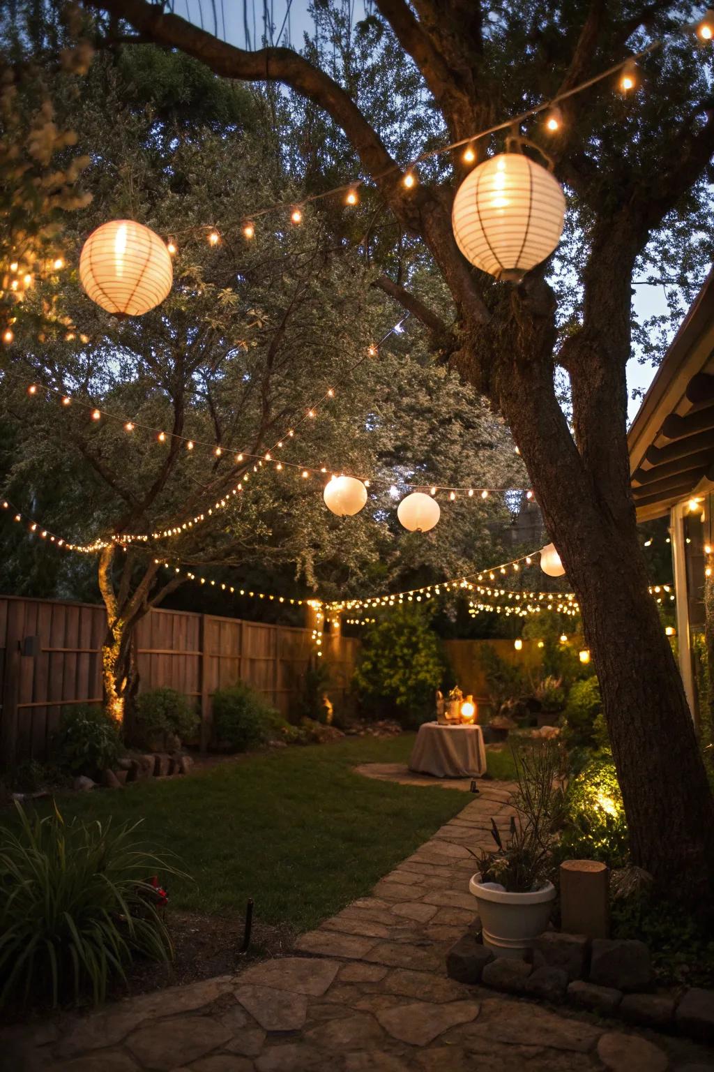 String lights and lanterns convert your backyard into a captivating evening getaway.
