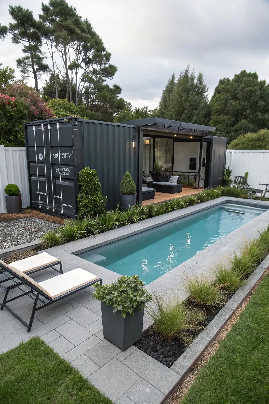 A trendy backyard pool fashioned from a repurposed freight unit.