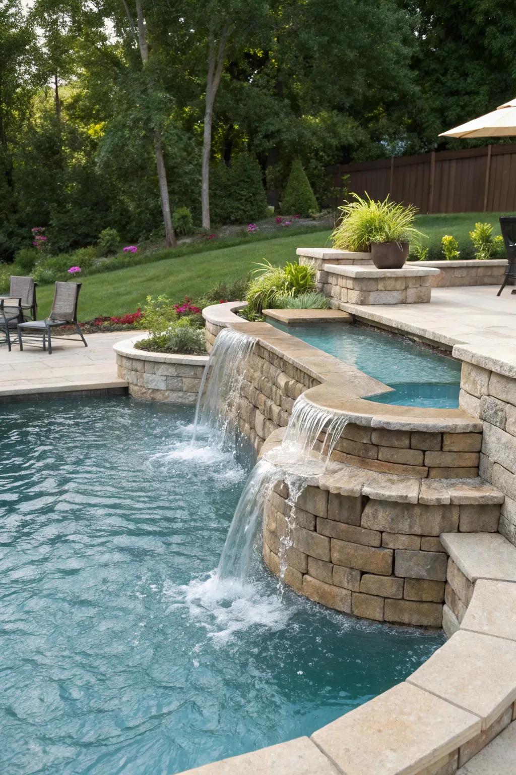 A multi-level cascade layers charm and sound into your pool setting.