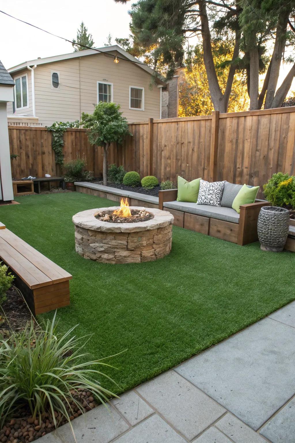 A comfortable bonfire pit surrounded by lush grass.
