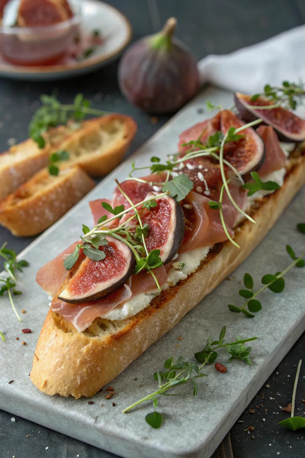 An elegant fusion of berries and dry-cured ham on a baguette.