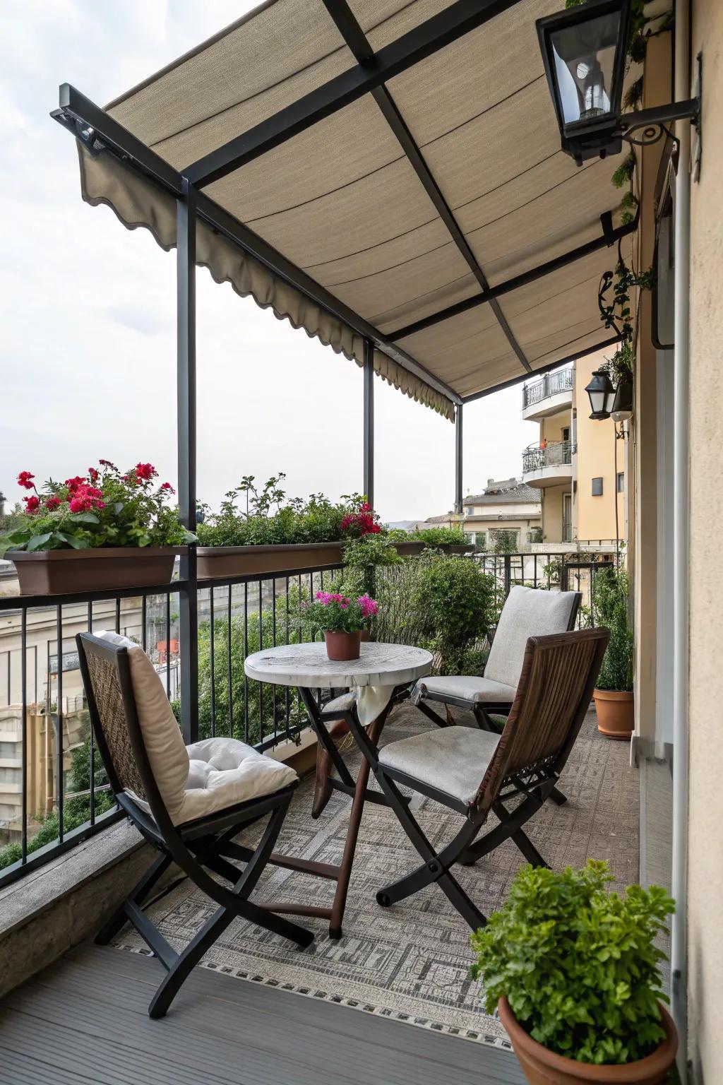 Inviting outdoor seating underneath a cool, shaded balcony setting.