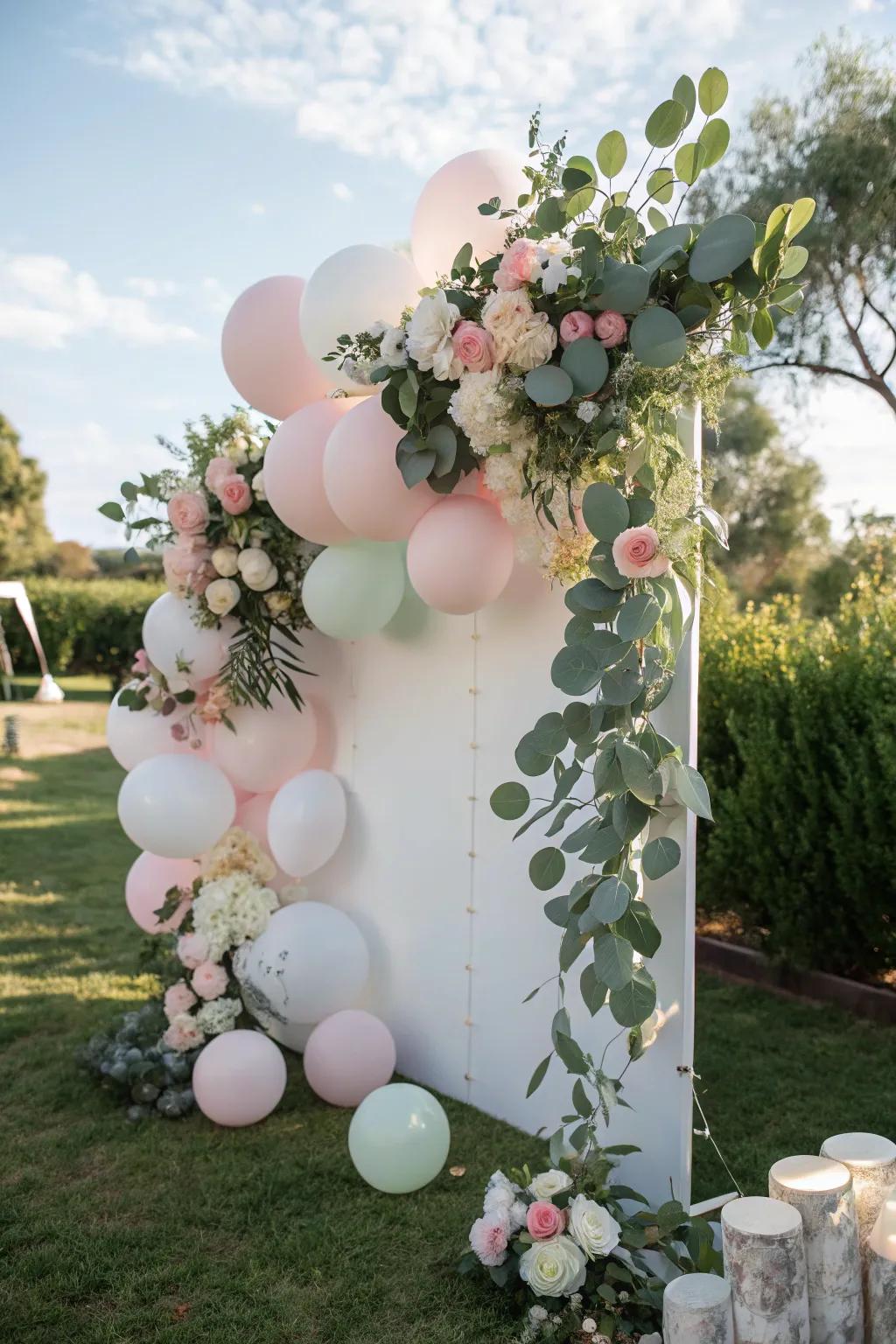 A fresh and natural floral balloon backdrop with eucalyptus accents.