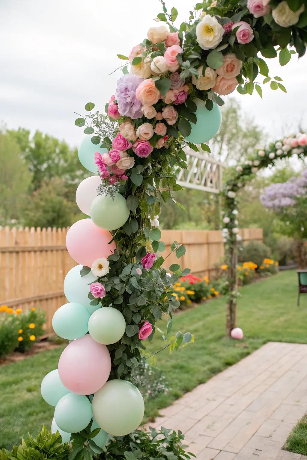 Garden chic balloon garland with natural additions.