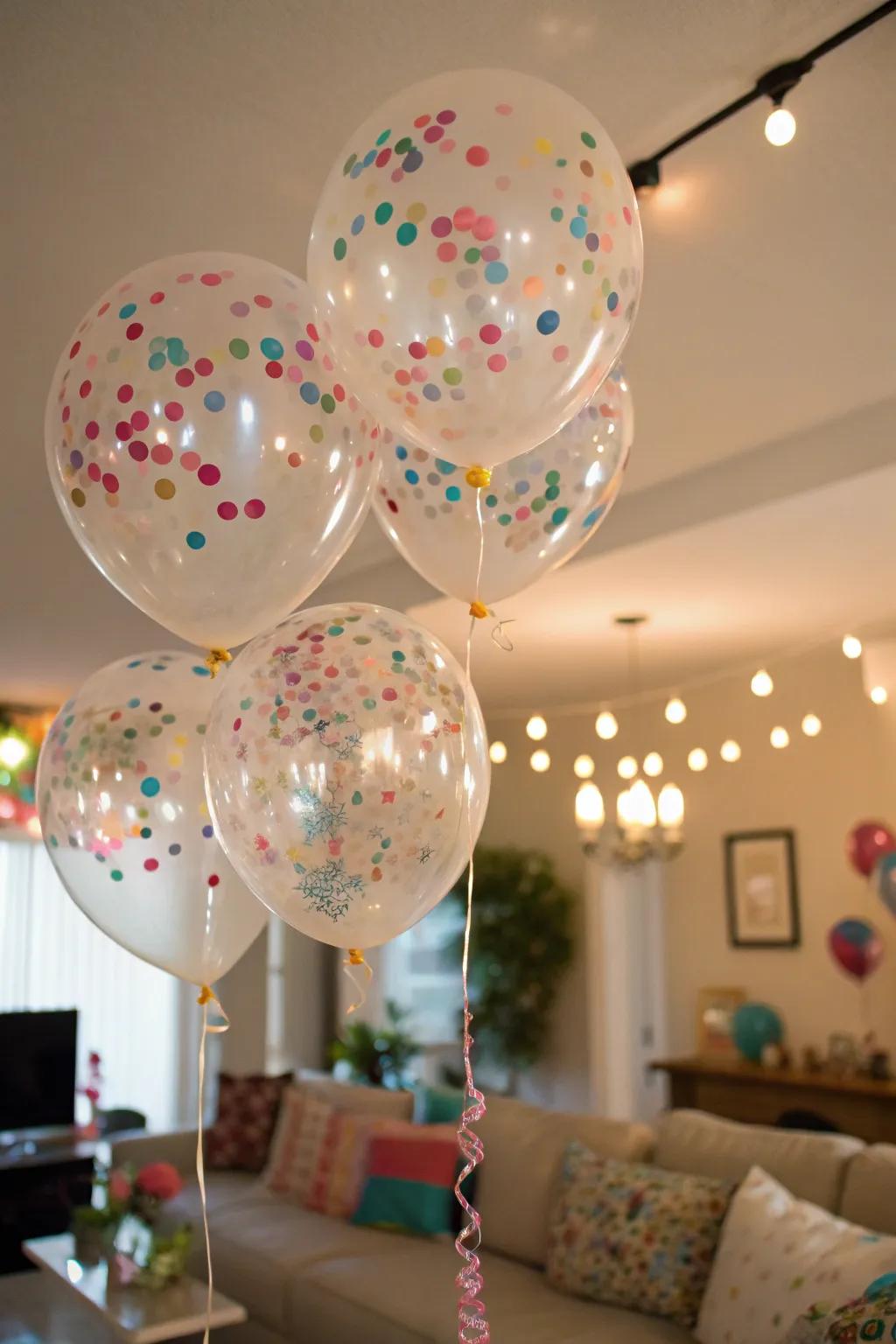 Joyful confetti-filled balloons adding pops of color and whimsy to any festive space