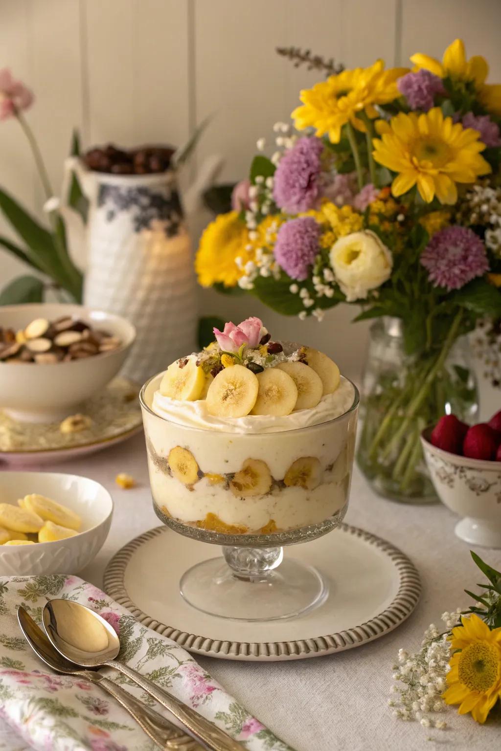 Fresh flowers sprinkle beauty and a natural touch onto banana pudding.
