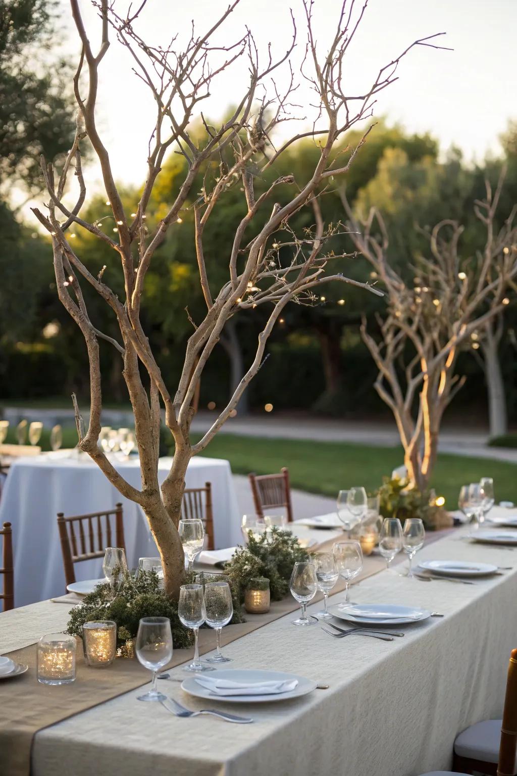 Tree branches lending a whimsical touch to the banquet table.