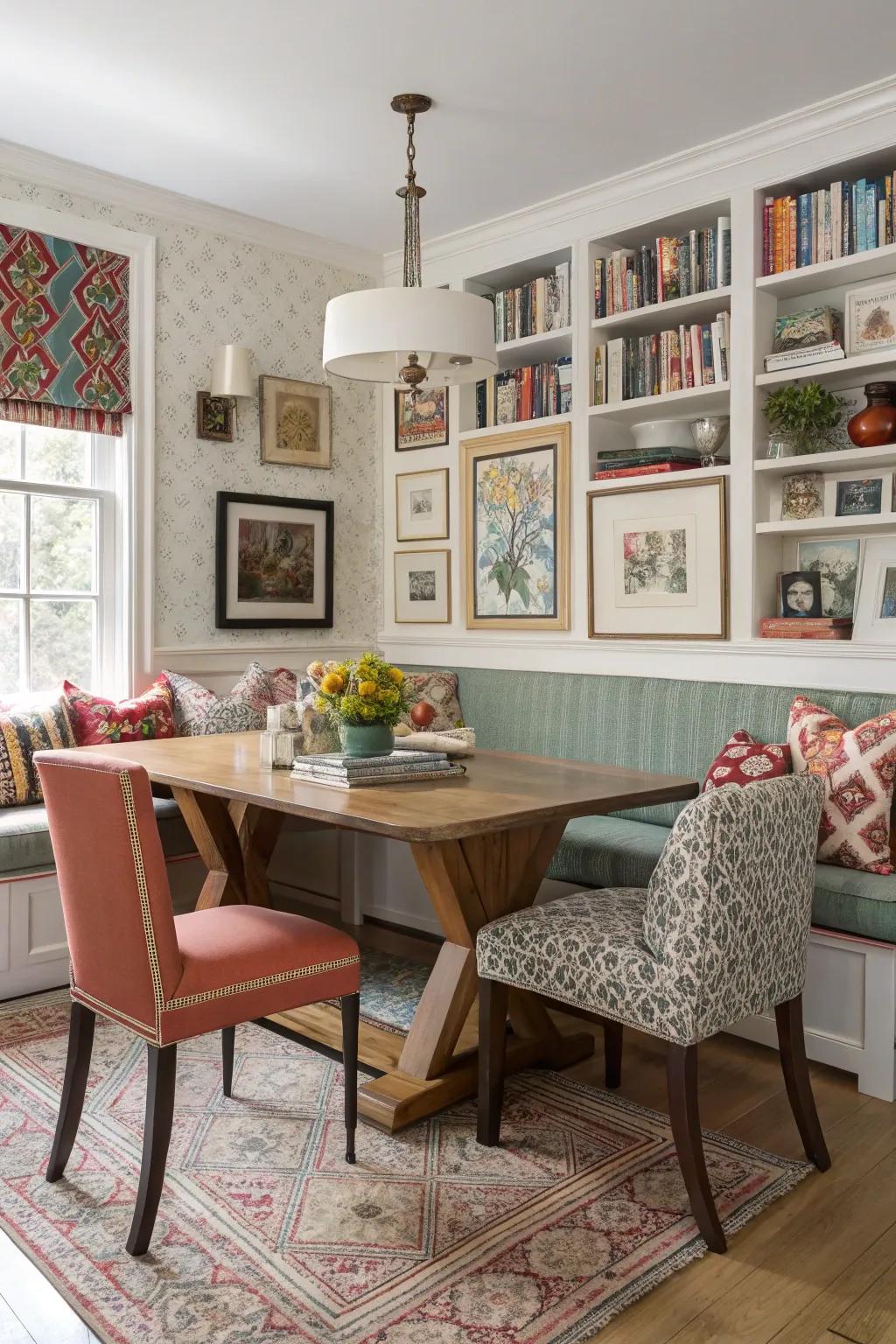 An eclectic dining area blending banquette seating with mismatched chairs.