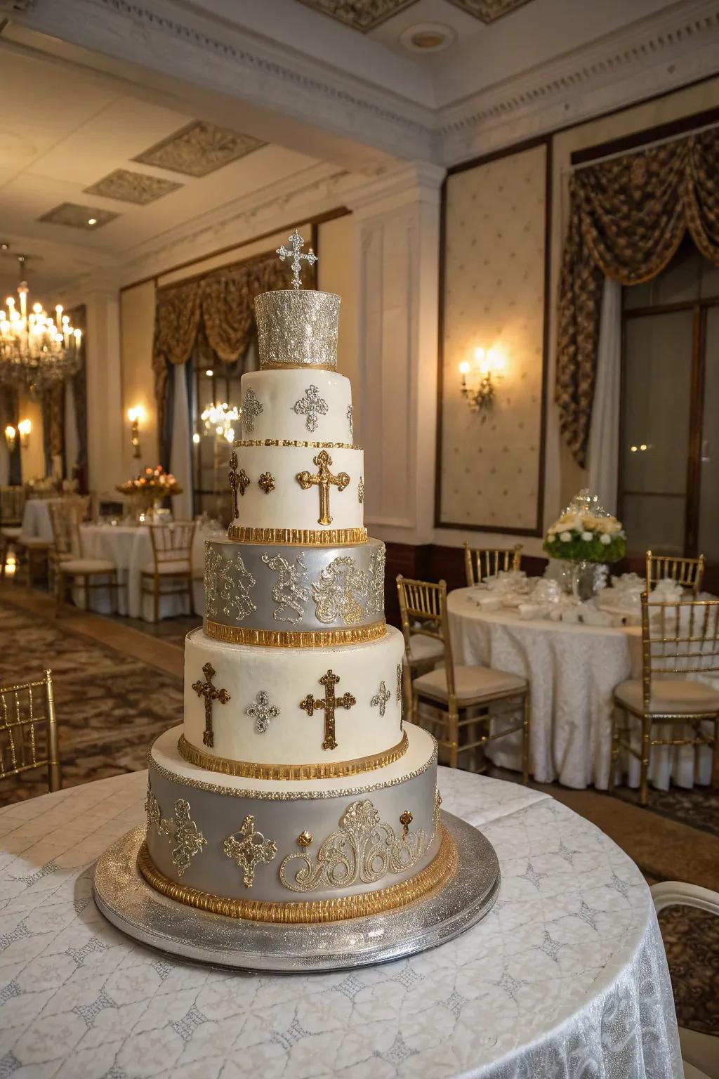 A layered cake showcasing refined religious emblems.