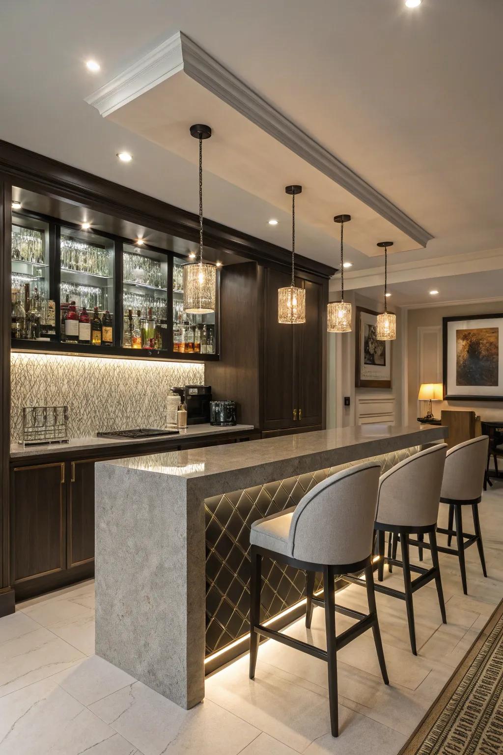 Modern lights introduce an elegant, modern accent to the bar.