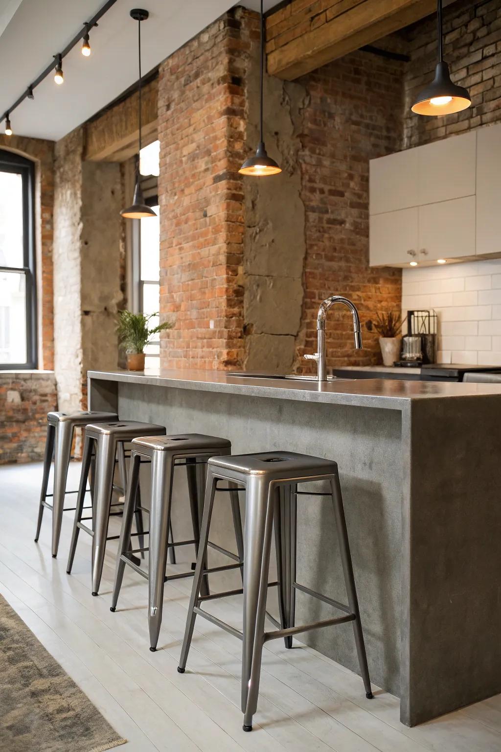 Industrial metal stools in a loft-style kitchen.