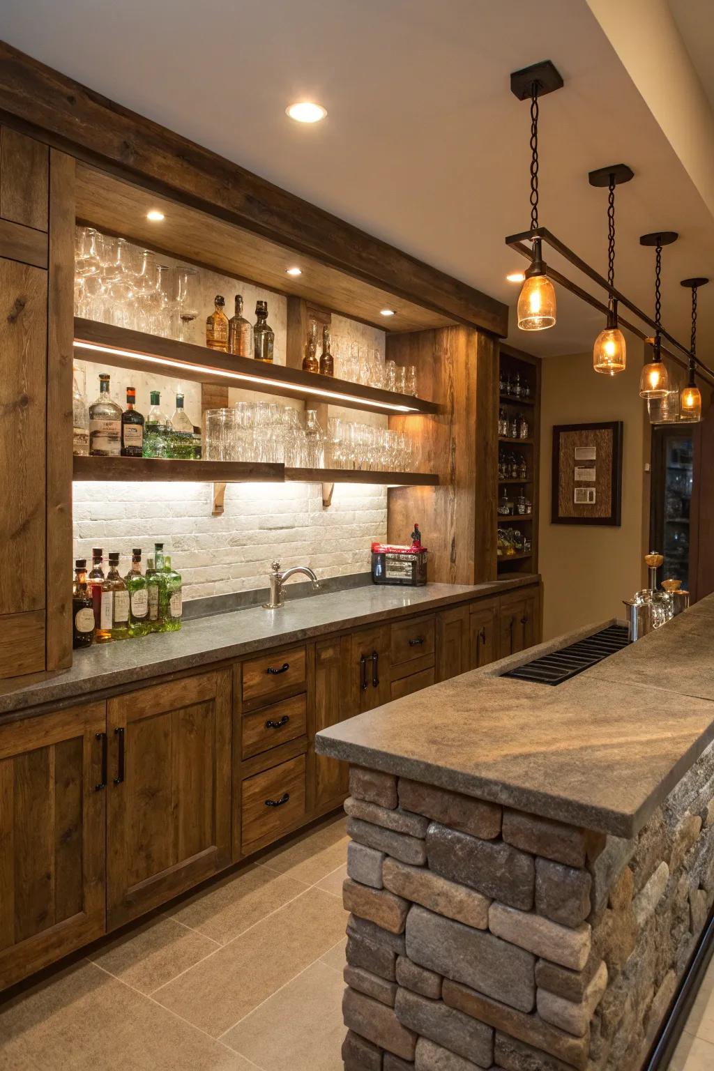 Salvaged timber gives your bar space a dash of natural beauty.
