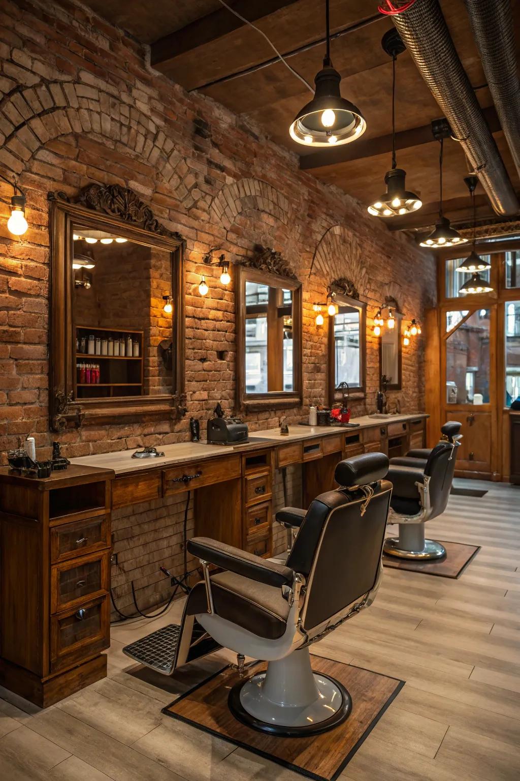 Down-to-earth allure meets inviting lighting within a welcoming barbershop.