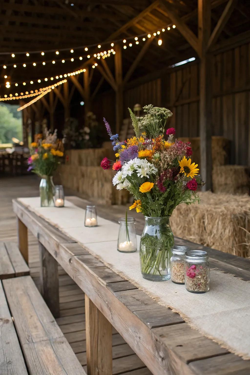 Floral decorations introduce a splash of color to barn decor.