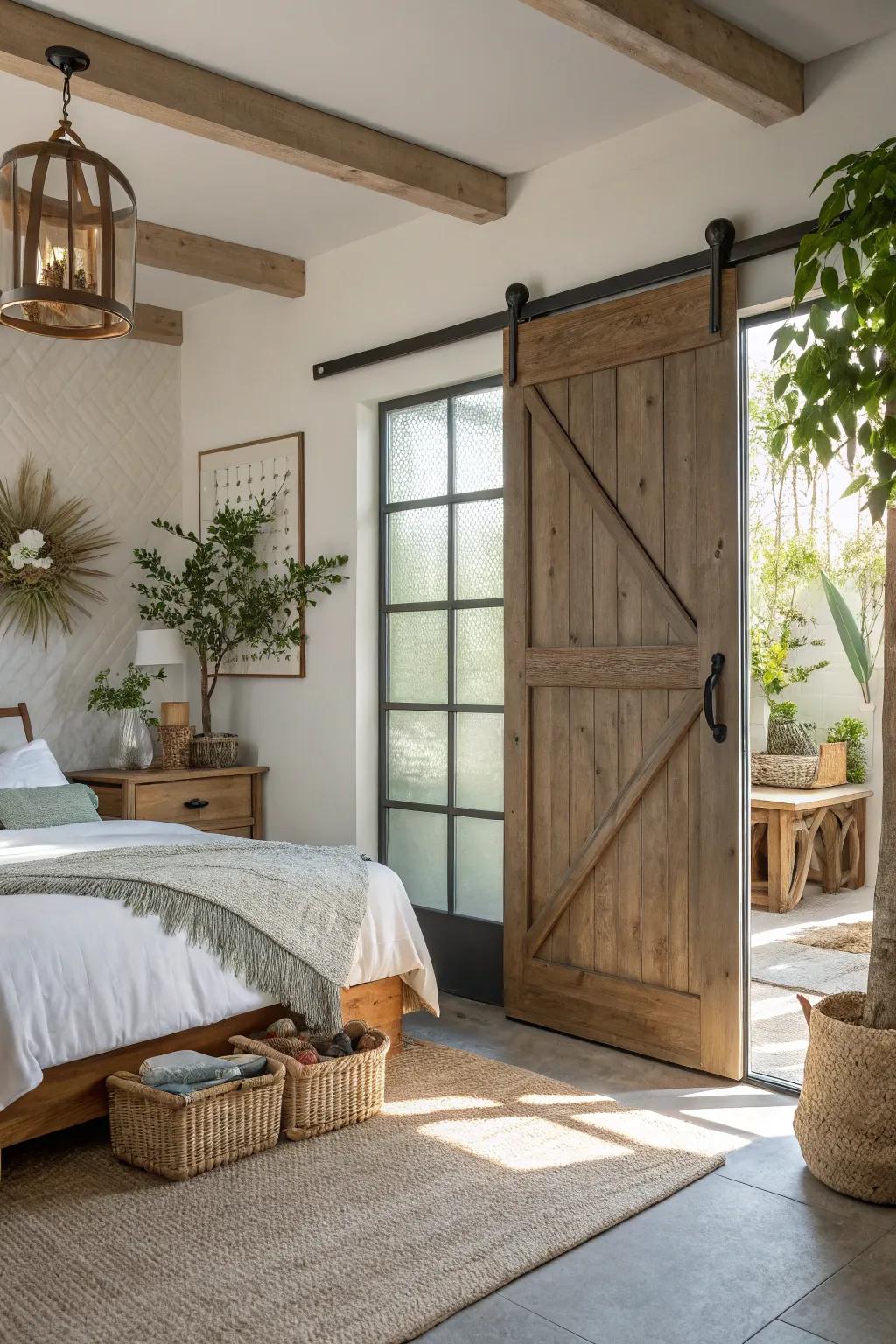 A light-filled bedroom with a barn door featuring elegant glass panels.