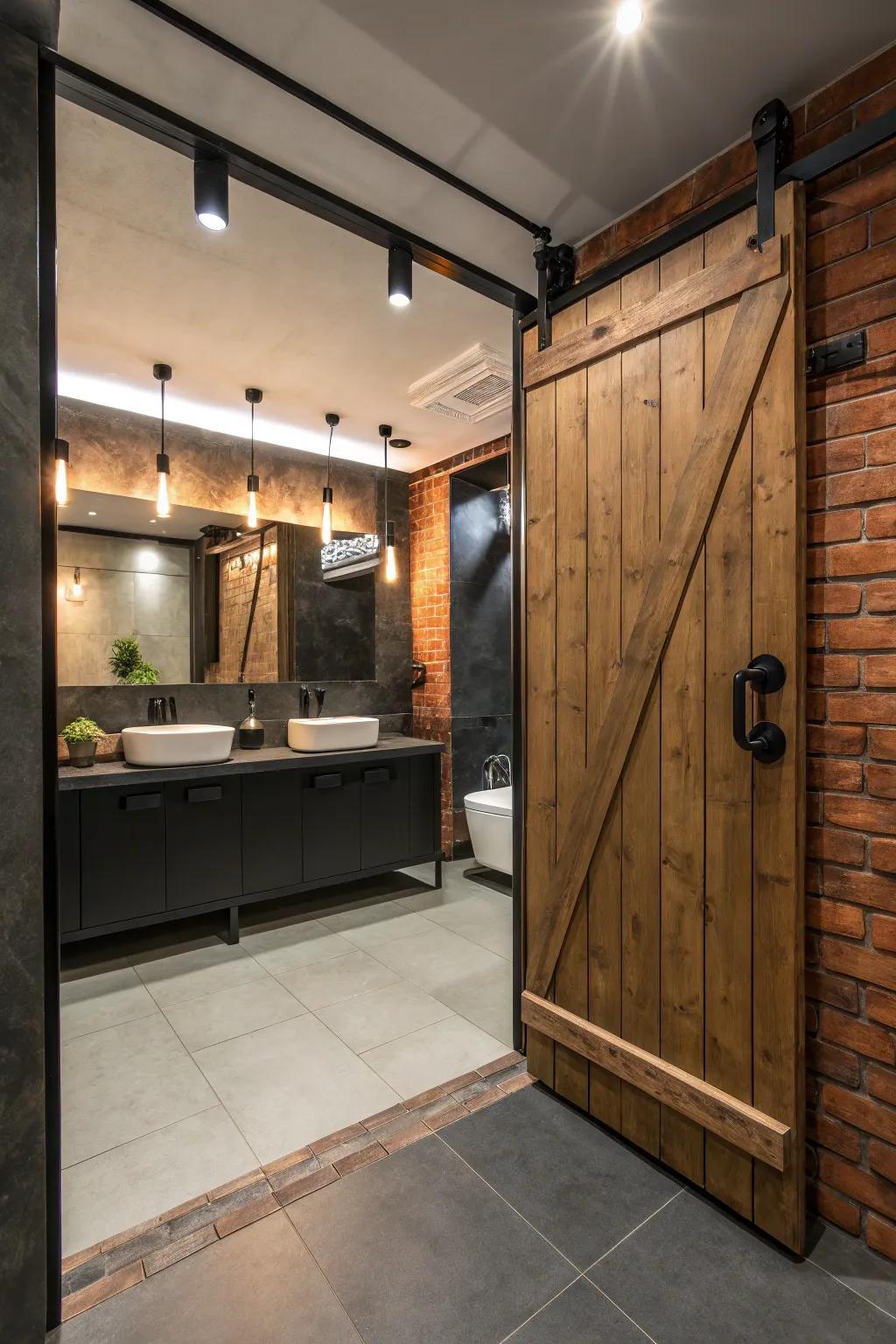 Bold black hardware adds an industrial edge to a stylish bathroom.