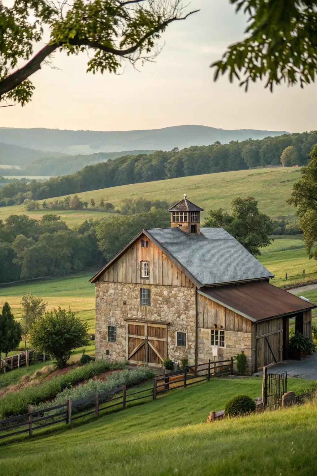 A barn featuring stone accents that elevate its architectural elegance.