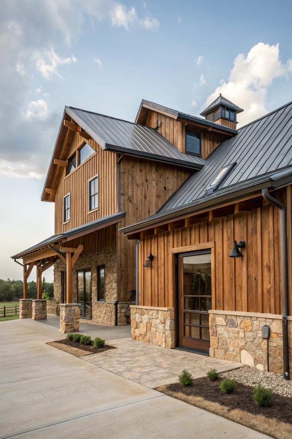 A captivating combination of materials enhances this barndominium's facade.