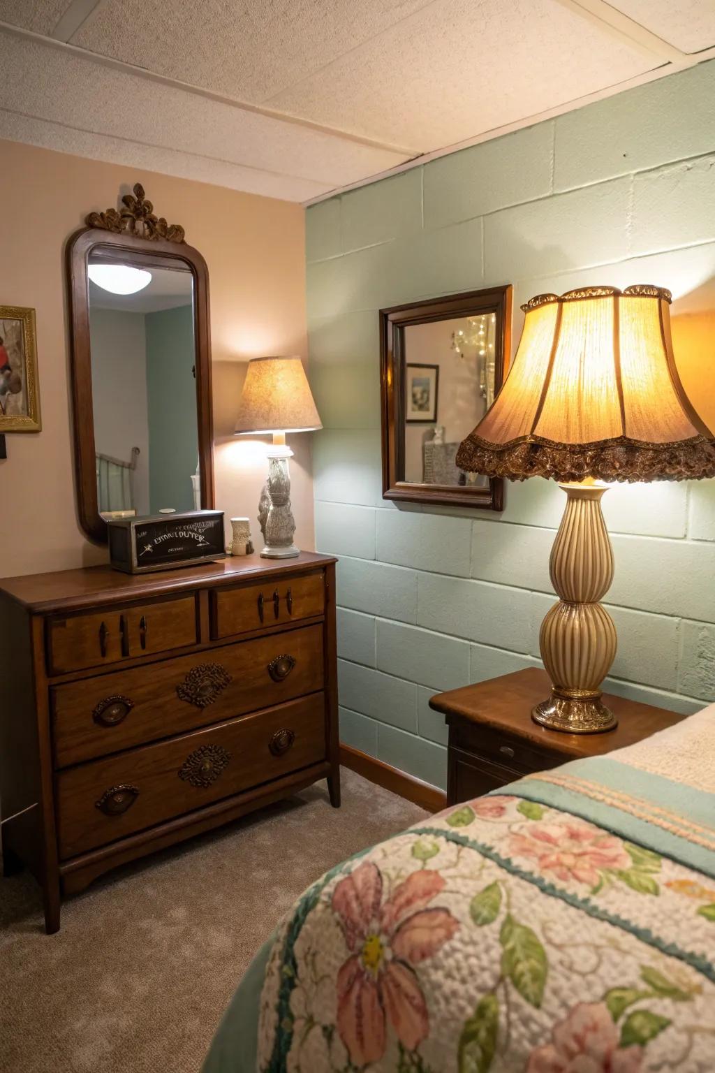 Vintage decor pieces add unique character to this basement bedroom.