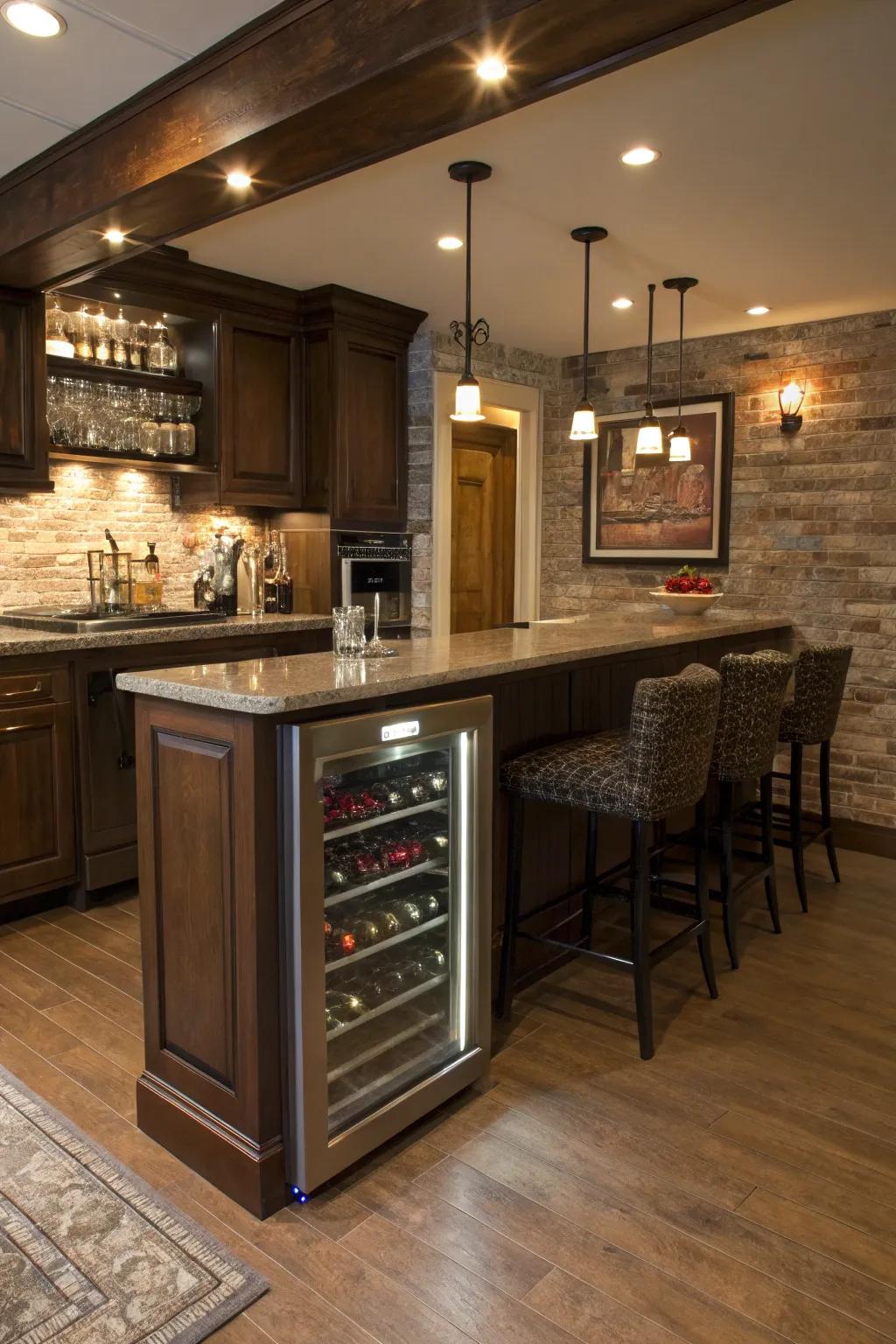 A built-in wine cooler keeps your collection perfectly chilled.