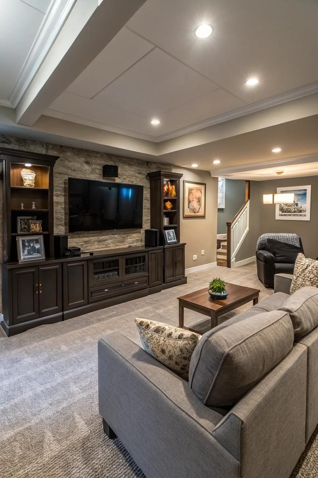 An entertainment station acts as the heart of this family-oriented basement.