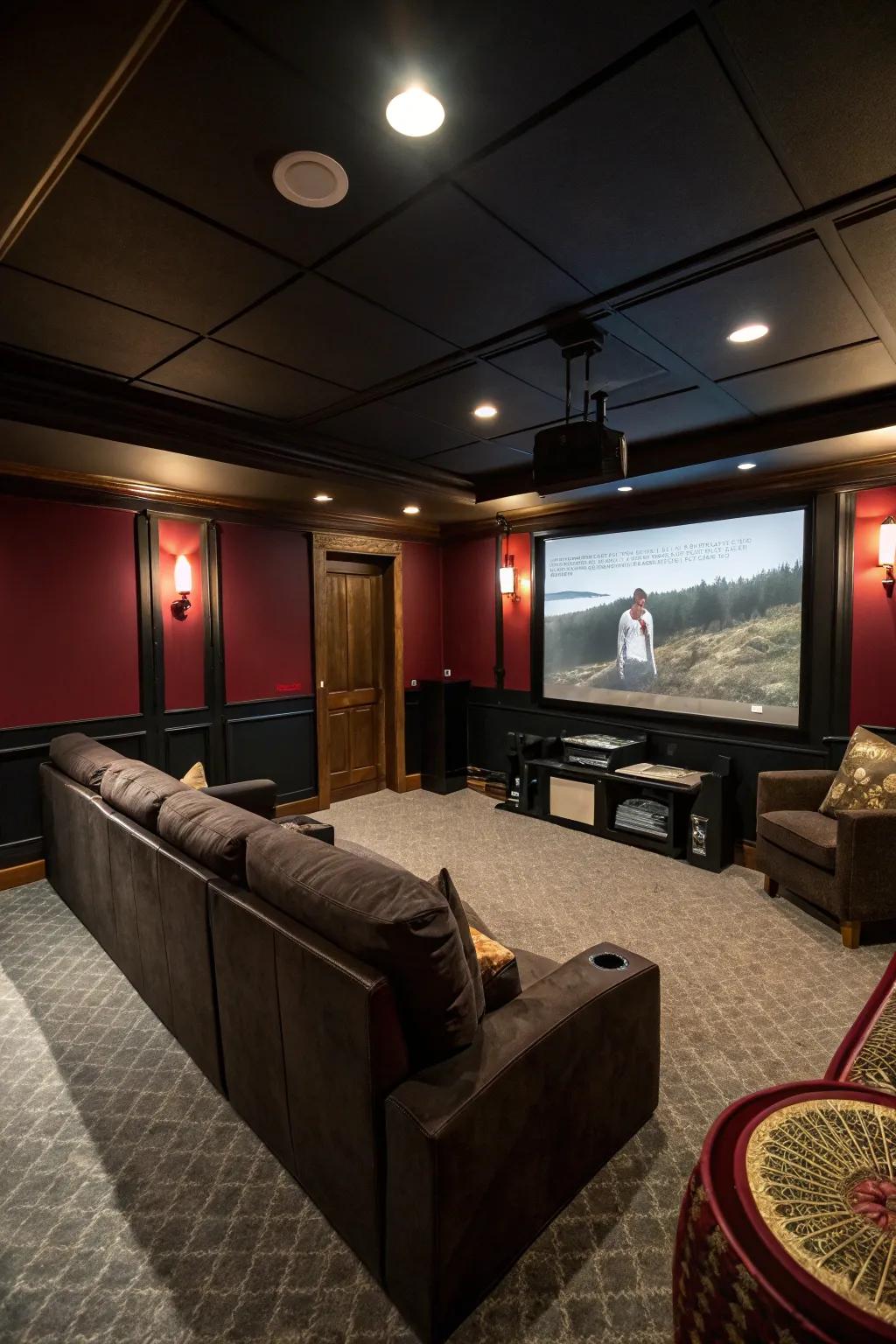 A dark color scheme enhances the movie experience within a media room.