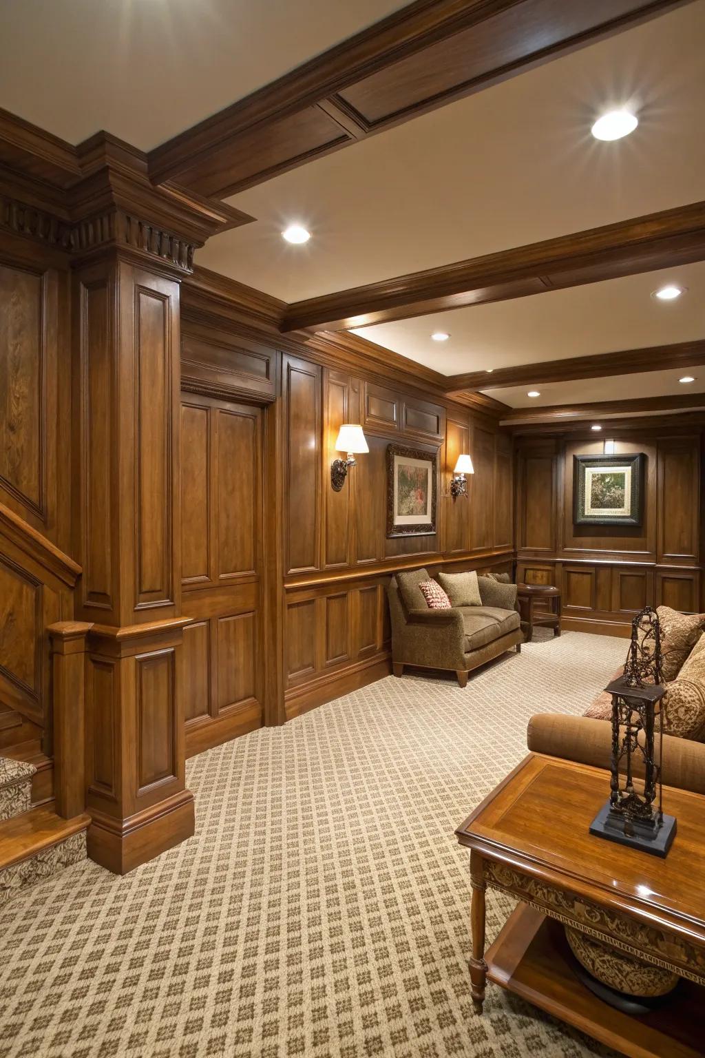 Wainscoting adds classic elegance to basement spaces.