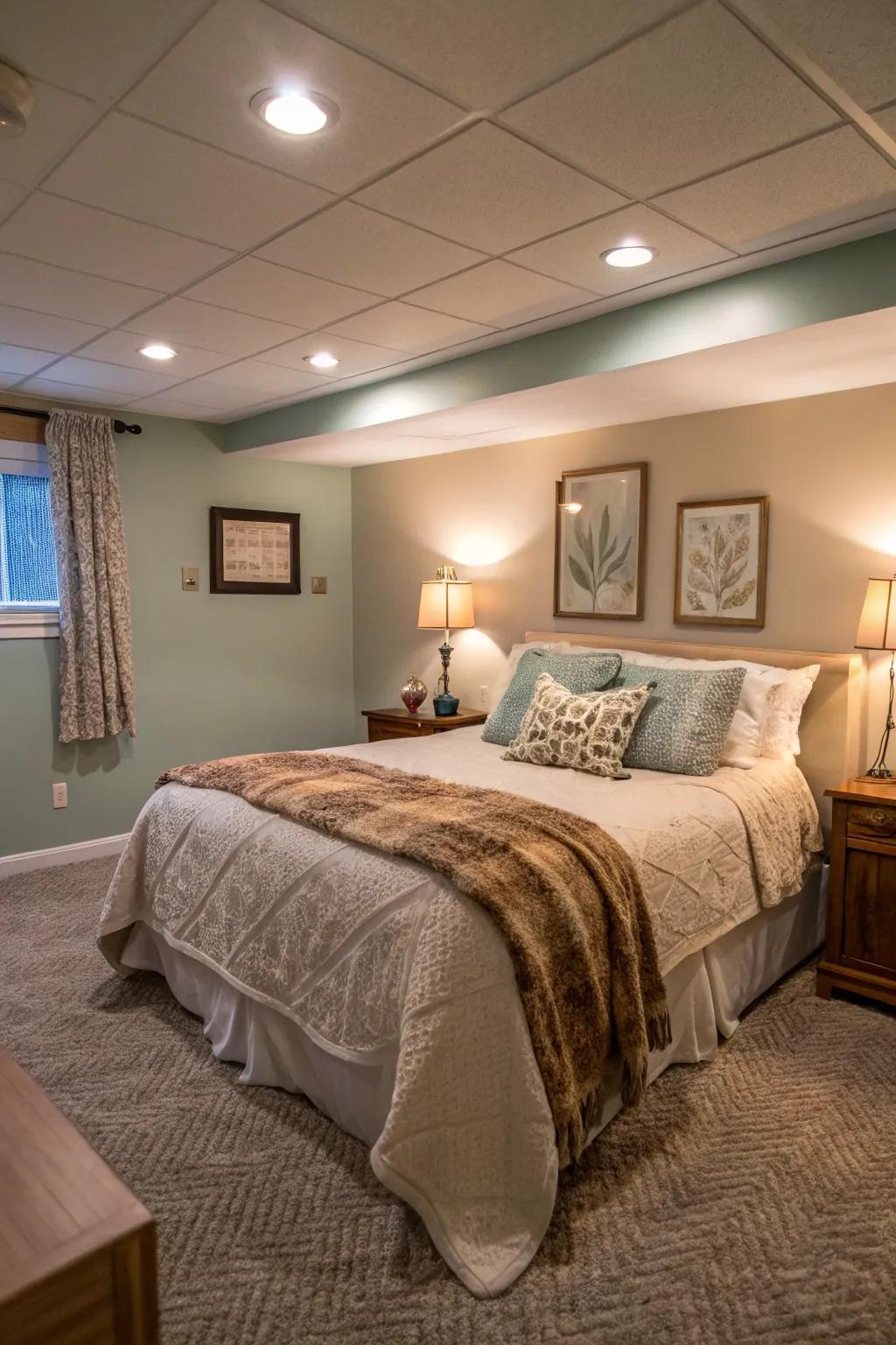 A lavish guest suite is situated in the basement, complete with a plush bed and gentle lighting.