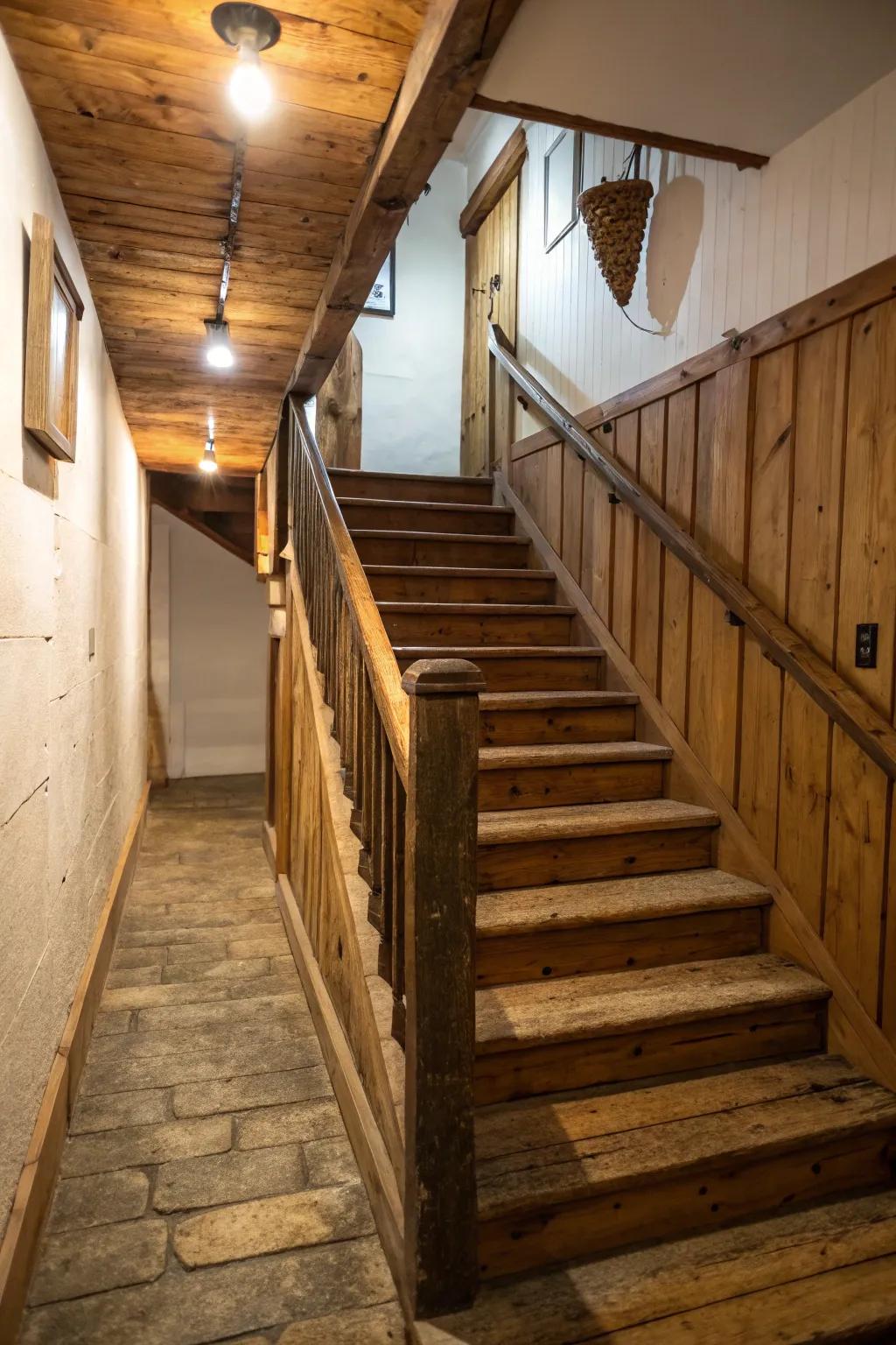Natural wooden textures impart warmth and charm to the stairwell.