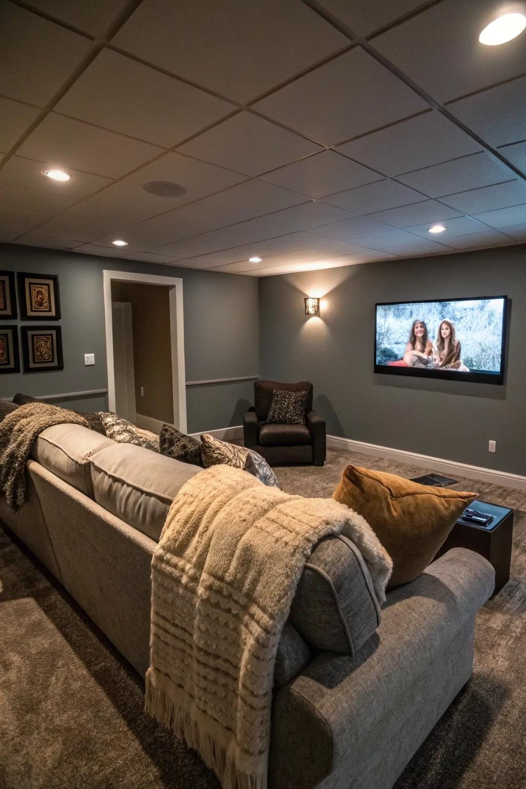 A comfortable basement TV area with plush sofas arranged for optimal viewing gratification.