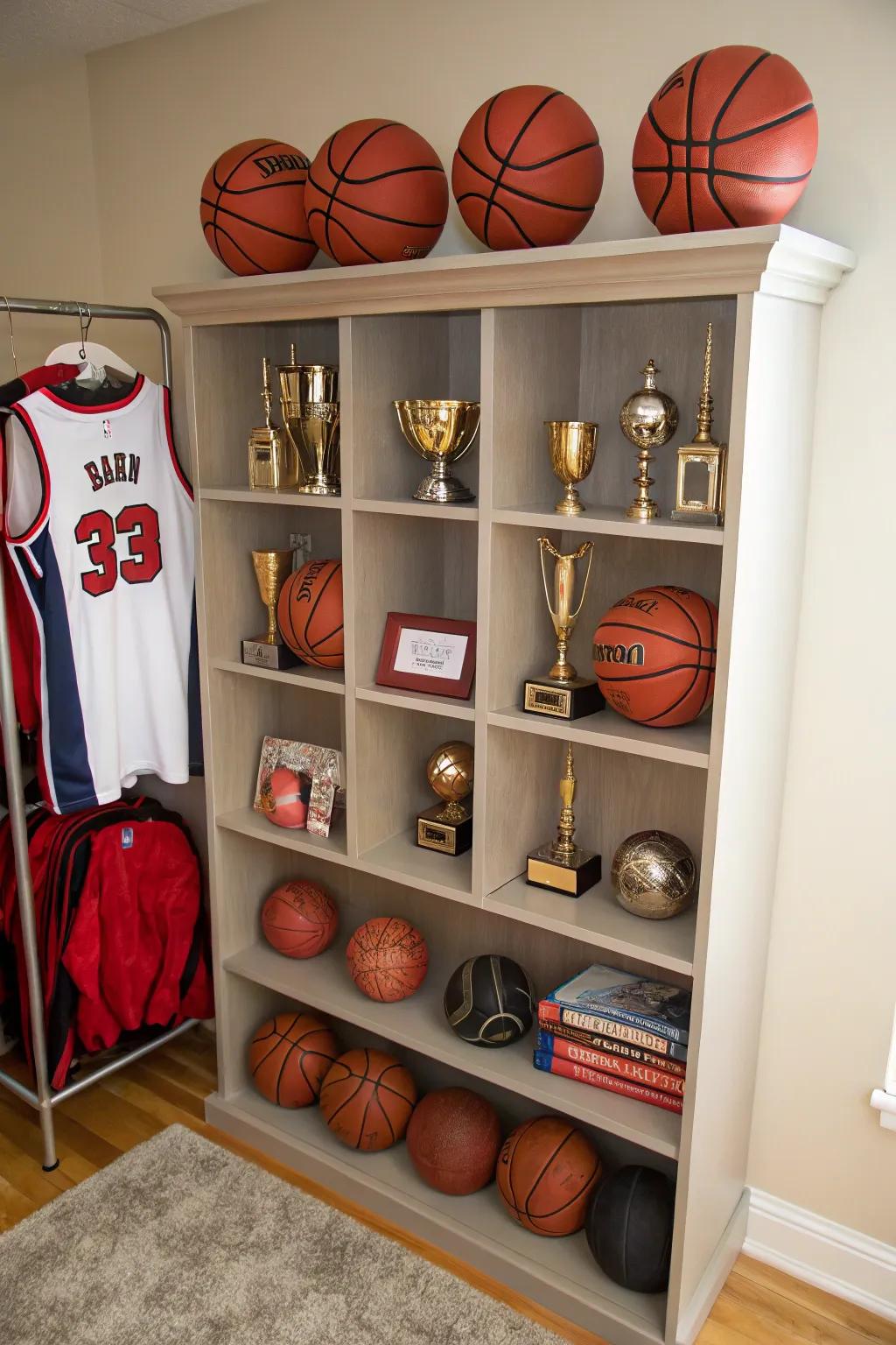 Functional shelving enriched with basketball-themed details.