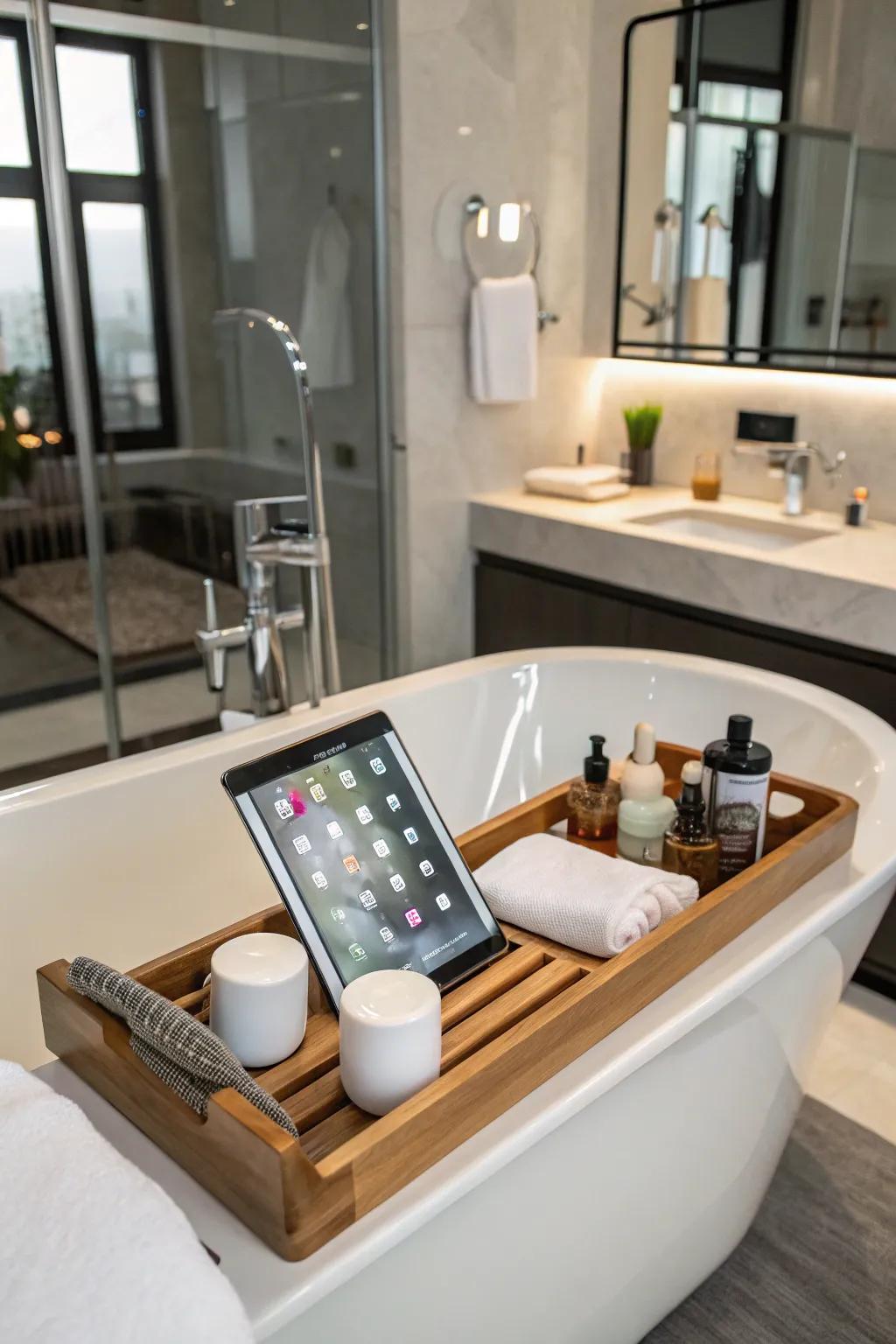 Stream your preferred entertainment while savoring a calming bath.