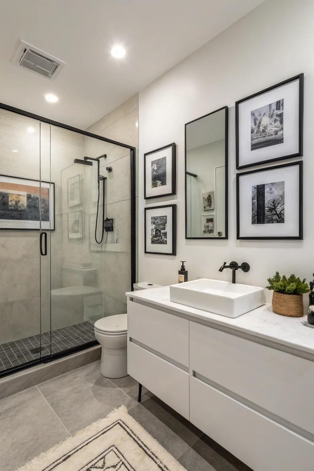 Monochrome art is a great complement to minimalist bathroom styles.