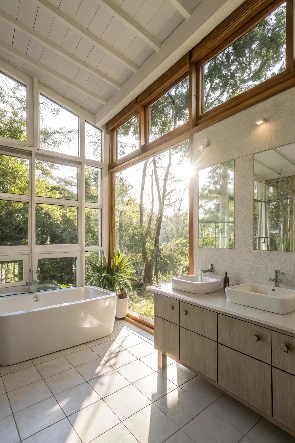 Sunlight imparts warmth and openness to the bathroom.