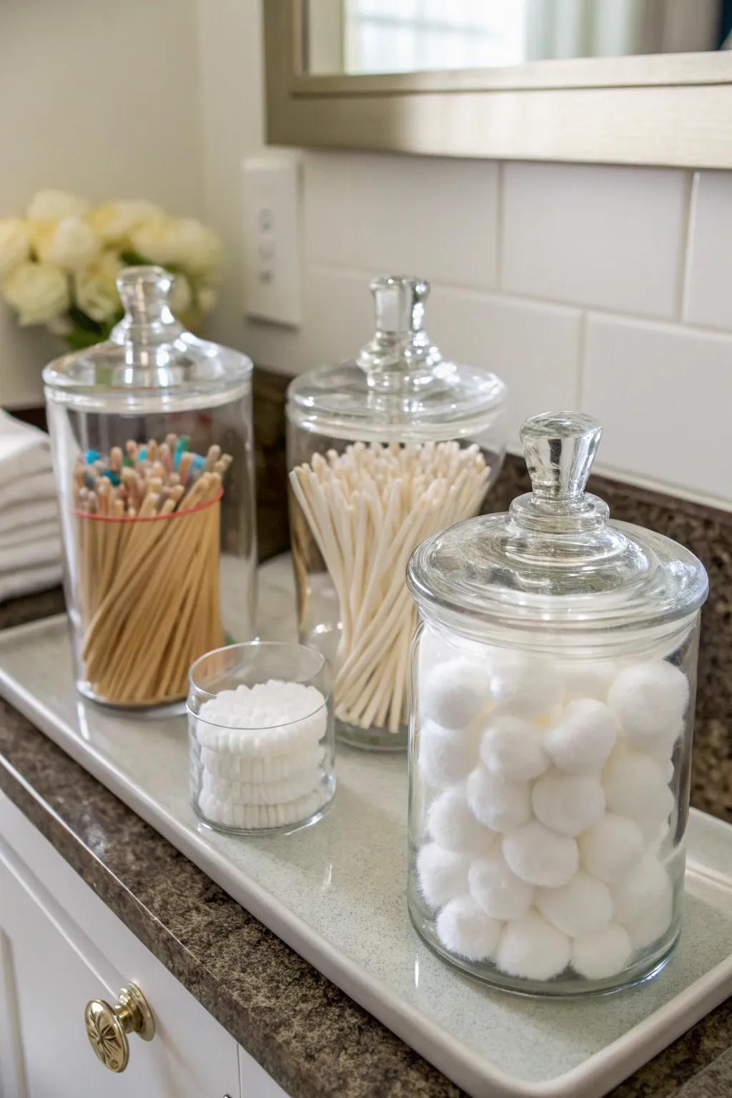 Glass vessels maintain your essentials in an orderly and accessible manner.