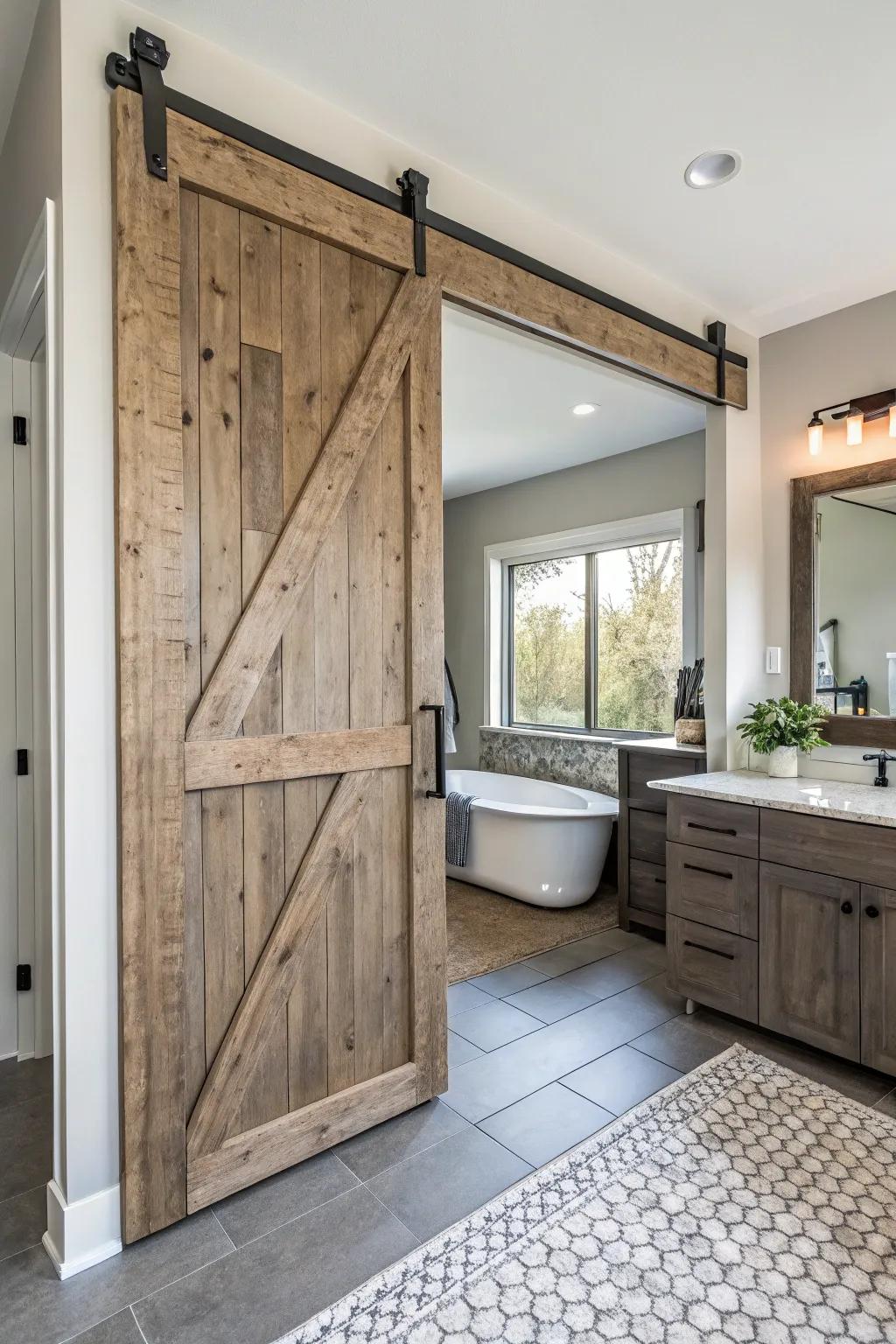 Sliding barn doors blend rustic charm with modern efficiency.