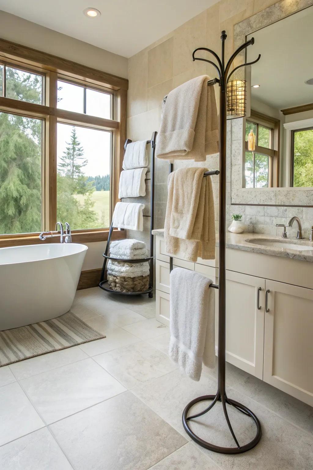 Freestanding towel stands bring elegance and versatility.