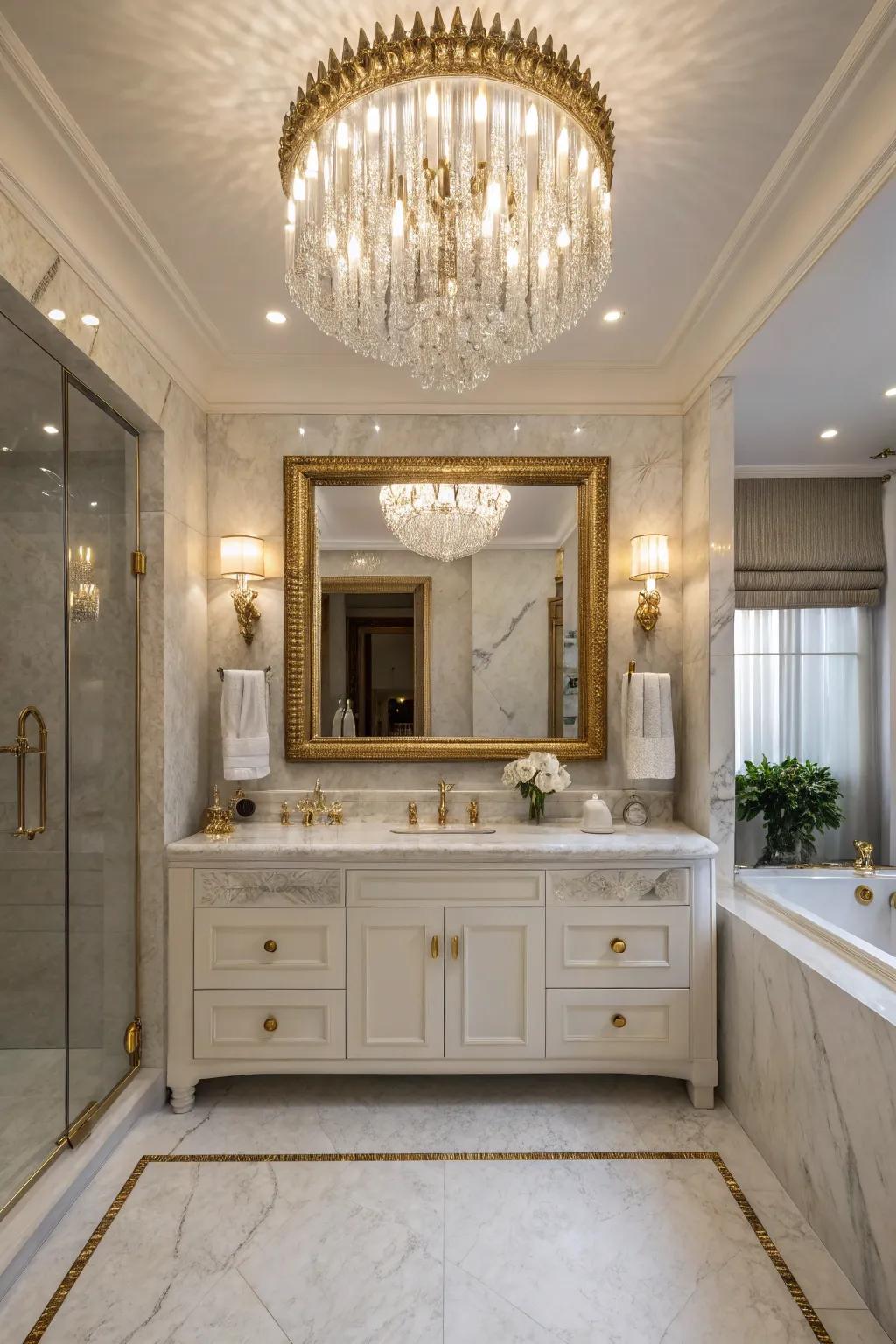An overhead light adds drama and elegance to bathroom lighting.