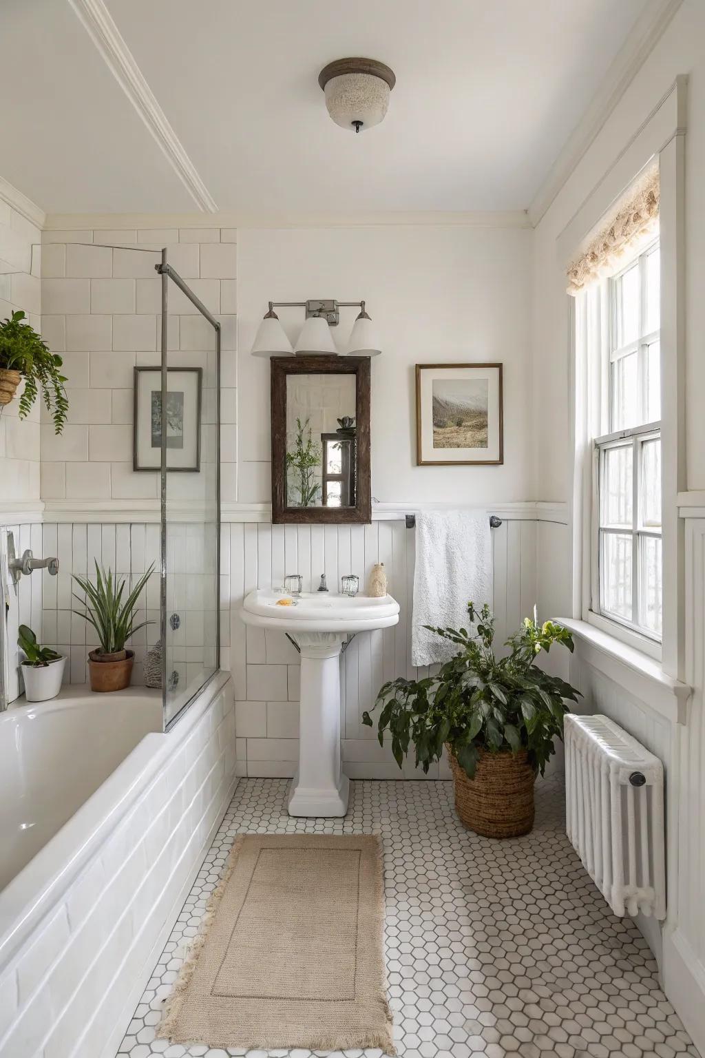 Classic white walls make the bathroom feel open and timeless.