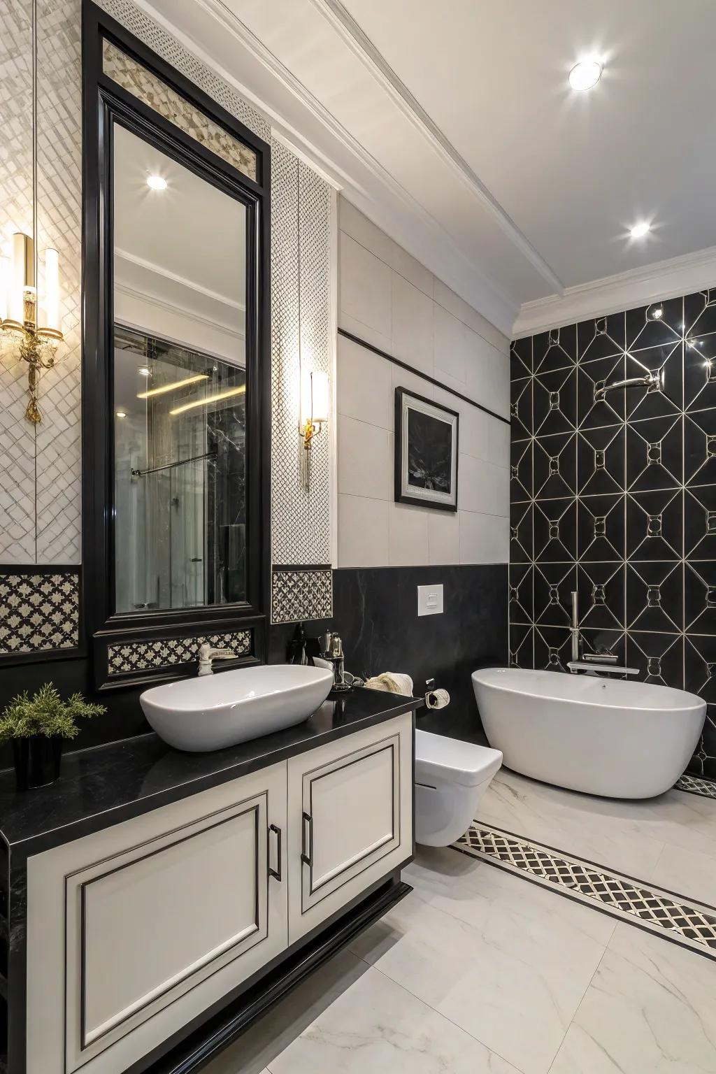 An elegant black and white bathroom with modern elegance.