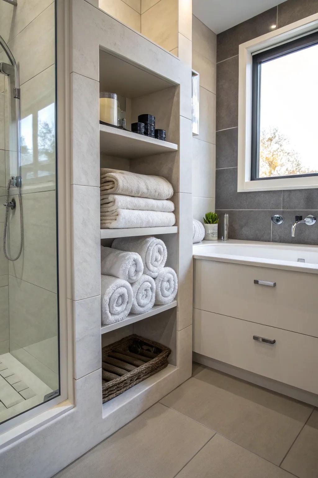 Built-in niches add sophistication and practicality to towel storage.