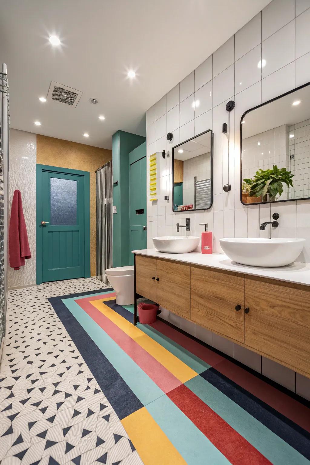 Colorful resilient flooring brings contrast and liveliness to this bathroom.